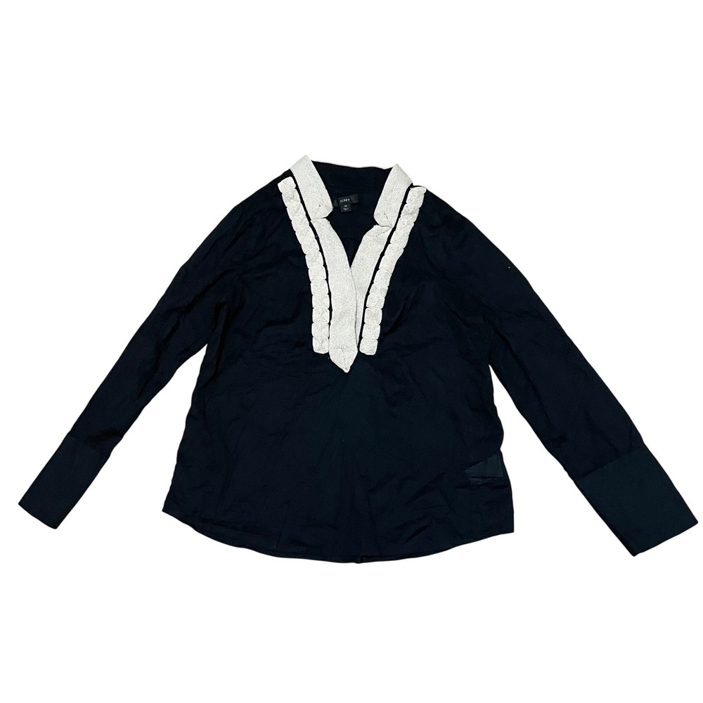 J.Crew Women's Medium Black Cotton Soutache Embroidered Bib Split Neck Blouse